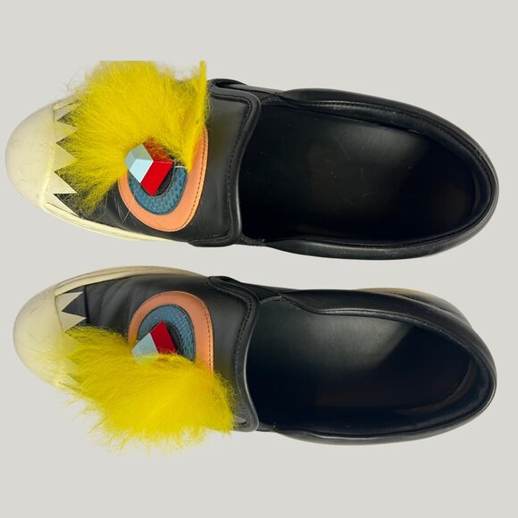 Fendi Monster Slip-On Sneakers Black Yellow Fur 37.5 COA - Picture 11 of 12